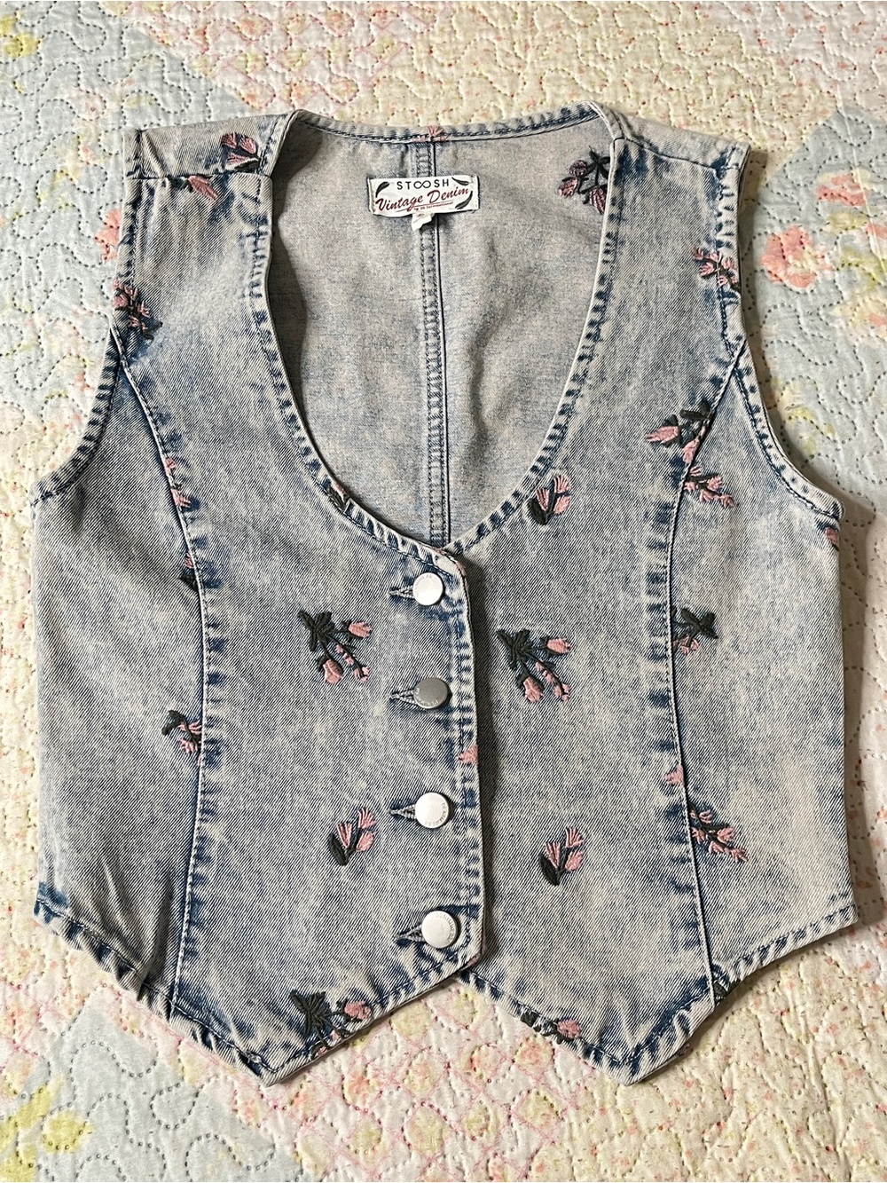 Light Wash Denim Vest with Pink Floral Embroidery